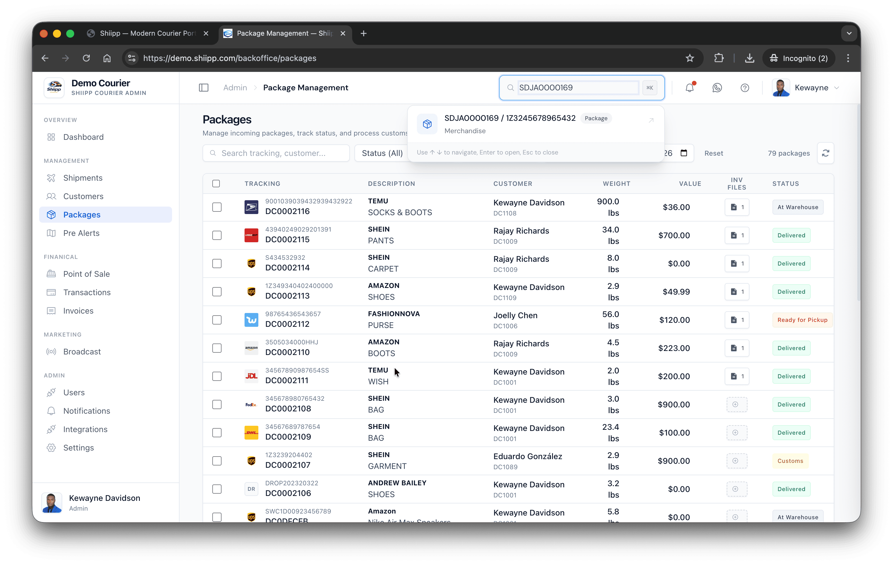 Shiipp packages screen